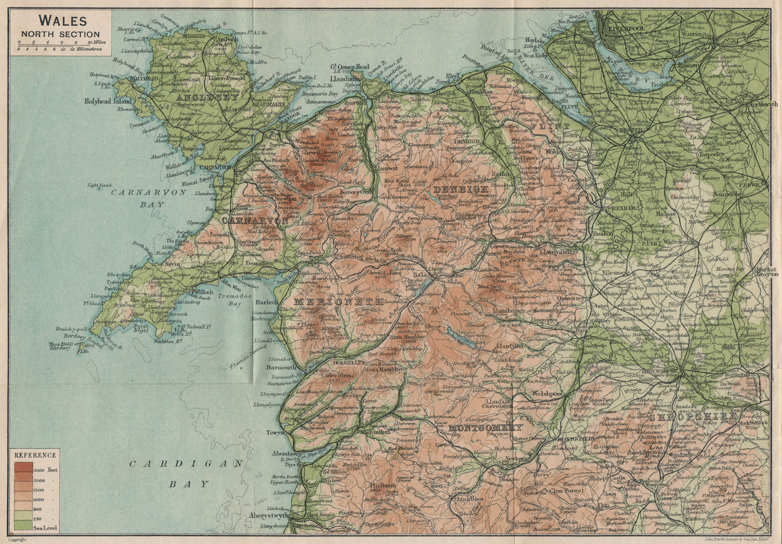 NORTH WALES. Anglesey Caernarvon Merioneth Montgomery Denbigh Flint 1922 map